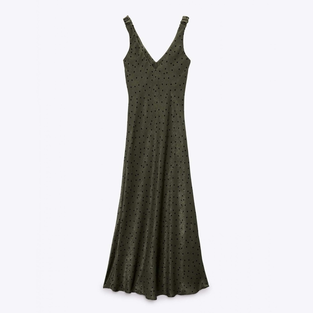 ZARA | sleeveless midi pullover dress in green polka dot | size medium - Picture 3 of 10